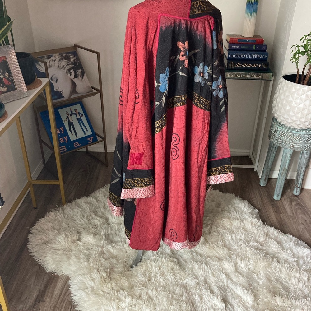 Bohemian 100% Silk Red and Black Floral Reversible  “Kimono” Jacket